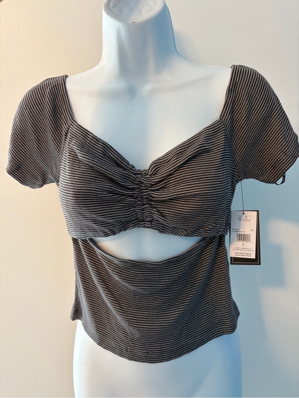 Volcom Black and White Striped Off-Shoulder Ruched Crop Top